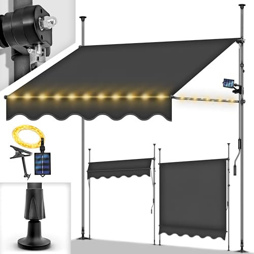 tillvex Store de Balcon 150 cm Anthracite avec LED avec manivelle - sans perçage - Résistant aux UV et réglable en Hauteur - Protection Solaire étanche