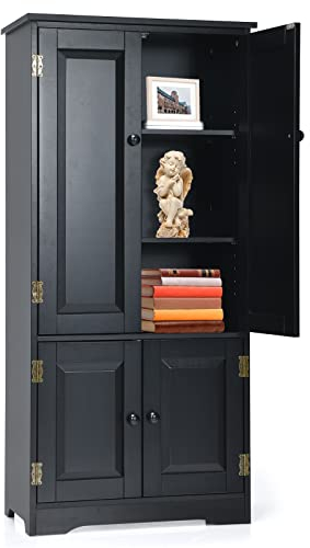 KOMFOTTEU Hochschrank mit Doppeltür & Ablagen, Mehrzweckschrank Stehschrank mit verstellbaren Regalen, Beistellschrank Buffetschrank für Bad Wohnzimmer Flur 58,5x32x123cm (Schwarz)