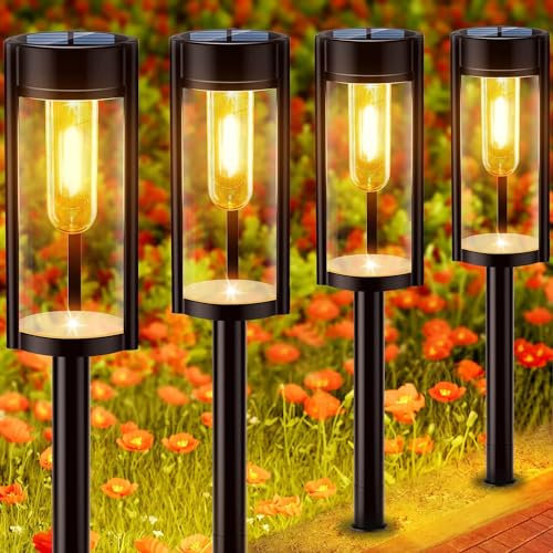NEOVSUNY Solarlampen für Außen Garten, 4 Stück Solarleuchten Gartenleuchten mit Warmweiß Wolfram Licht, IP65 Wasserdicht Auto Ein/Aus Solarleuchten Garten Deko für Rasen, Terrasse, Hof, Geschenke