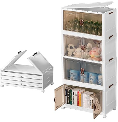 Stapelboxen mit Deckel Türen, 284L (60X36X136cm), 71L X 4 Stück Aufbewahrungsbox Faltbare mit Rollen mit Deckel, Stapelbare Faltbar Aufbewahrungsboxen, Klappbare Kunststoffbox mit Rädern, weiß