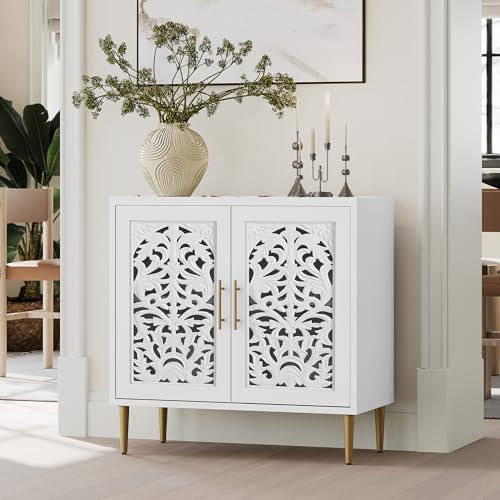 ARTPOWER Akzentschrank mit 2 Türen, Vintage Hohlschnitzerei Buffetschrank, Sideboards und Buffets mit Stauraum, Credenza für Wohnzimmer, Küche, Esszimmer, Eingang, Flur, Weiß