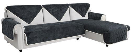 Easy-Going Luxuriöser Samt Sofa Couch Überzug 4 Sitzer, 1 Stück Rutschfester Sofabezug Ecksofa L U Form, Waschbarer Sofaschutz Hund Katze, Weicher Küchensofa Cover, 70x210 cm/28x82 in, Dunkelgrau