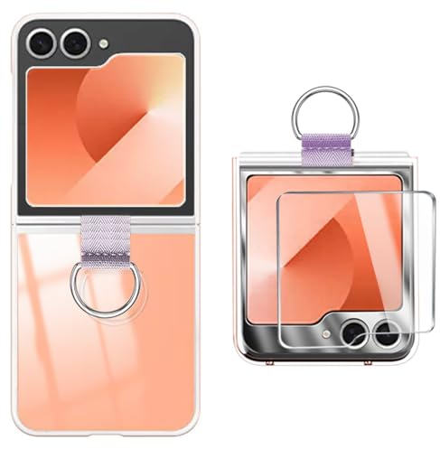 AFENGBOX for Samsung Galaxy Z Flip 6 Case, Slim Hard PC Shockproof Anti-Scratch Protective Phone Cover for Galaxy Z Flip 6 5G, Clear with Ring & Tempered Glass Screen Protector