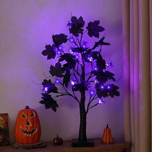 60CM Halloween Deko Künstliche Baumlampe mit 24 LED Spinnen Licht, Herbstdeko Lichterbaum LED Baum Lichter USB oder Batteriebetrieben Birkenbaum Tischlichter für Halloween Dekoration Herbst Deko (B)