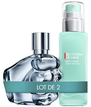 Lot de Diesel Only The Brave, Eau de Toilette pour Homme en Spray Vaporisateur, 35 ml + Biotherm Homme, Aquapower Comfort Gel Peaux Sèches, Gel Hydratant Visage pour Homme, 75 ml