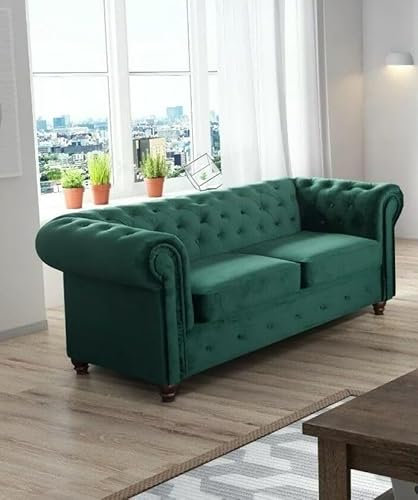 Easy4You Chesterfield Dunkelgrüner Plüsch Velvet 2-Sitzer Sofa 183x74x88 cm Sofas für Wohnzimmer Sofagarnituren mit Holzfüße Set Sofas & Couches