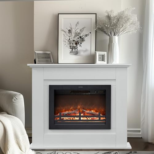 Rodalflame100cm elektrischer Kamin mit Mantel, Holz Surround Firebox, freistehend, verstellbare Flammenhelligkeit, Elfenbeinweiß, Set von 2