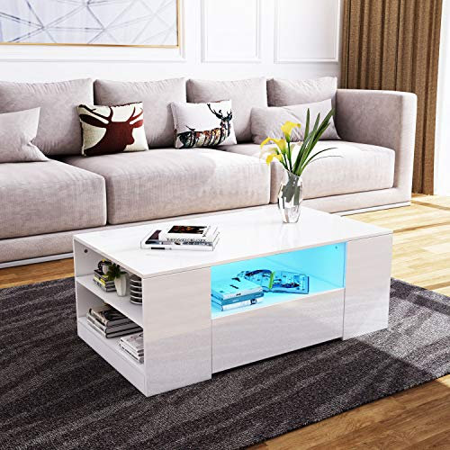 Komtopod LED Coffee Table with 2 Drawers, Wooden Centre Living Room Table, Rectangular Coffee Table with Storage, High Gloss Finish, 95 x 55 x 37 cm, White