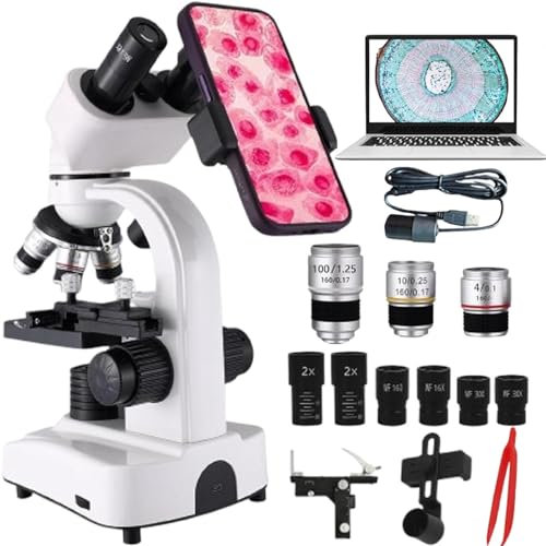 Soflightmok Microscopi Binoculari, Microscopi Biologici Composti 40x-2400x con Oculare Elettronico/3 Obiettivi/Adattatore per Telefono, Illuminazione A Doppio LED con Corpo in Metallo,White