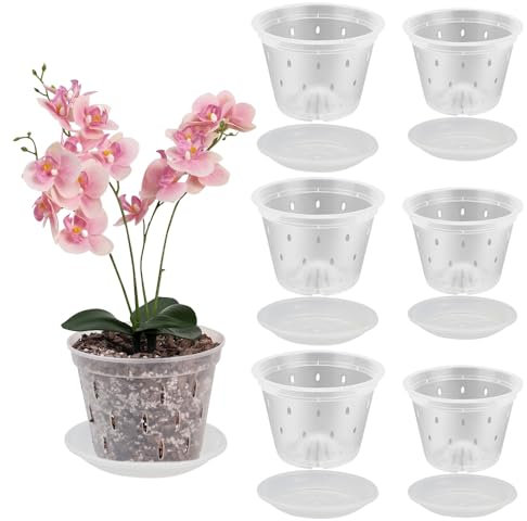 Mineup Orchideentöpfe, 6Pcs Transparente Kunststoff Pflanztöpfe, (4.3in x 3, 5in x 3) Harte Orchideen Blumentöpfe, Orchideen Übertopf mit Löchern und Untertassen zum Umtopfen Pflanzentöpfe