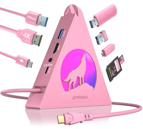 Pink USB C Hub, 8-in-1 USB Hub with 4K HDMI, 100W PD 5Gbps USB-C, 3 USB-A 3.0, SD/TF Card Reader, RGB Lighting, Vertical USBC Multi-port Adapter for MacBook, iPhone16, XPS, Surface, etc.