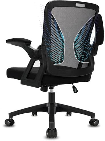 Milacyee Bürostuhl, Schreibtischstuhl mit klappbaren Armlehnen, ergonomischer Bürostuhl mit Lordosenstütze, höhenverstellbarer Drehstuhl, Netzstuhl mit Wippfunktion 130°, Chefsessel, Schwarz