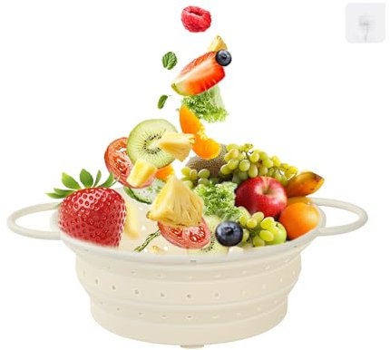 Kkioiome strainer and colanders, silicone collapsible sink collander, 13in, strainers and colanders for kitchen, large drainer for vegetable, food, pasta (white)