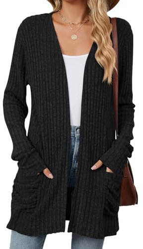 Famulily Open Front Long Cardigan for Women, Rib Knitted Black Cardigans with Pockets Lightweight Outerwear Sweater (L, Black)