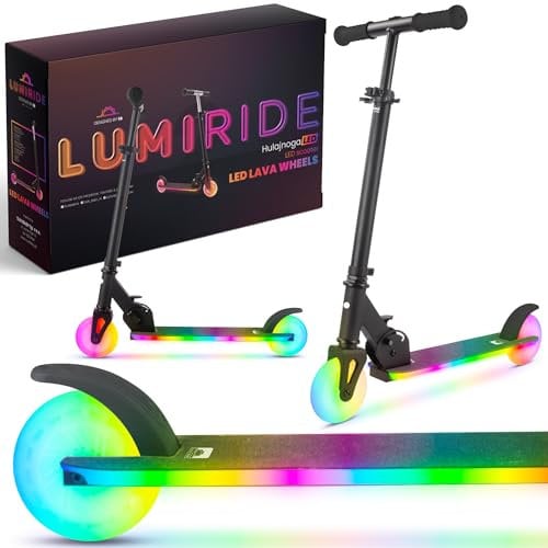 LUMI Ride Kinderroller 2 Räder ab 3 Jahren, LED - 7 Farben, 20 Programme - 3-stufige Lenkerhöhenverstellung, Fußbremse, abnehmbare Griffe (Schwarz)