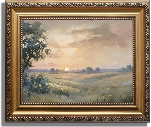ASTRDECOR Gerahmte Vintage-Wandkunst, Landschafts-Ölgemälde, Bauernhaus-Wanddekoration mit gedecktem Herbst-Sonnenuntergang, französisches Retro-Kunstwerk, neutrale Landschaft, Bilder, Dekoration