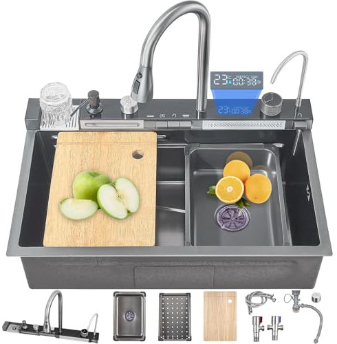 Ribanedy 80 cm Fregadero de cocina inteligente de acero inoxidable 304, fregadero en cascada moderno multifuncional con grifo integrado con pantalla digital, lavavasos y juego de accesorios