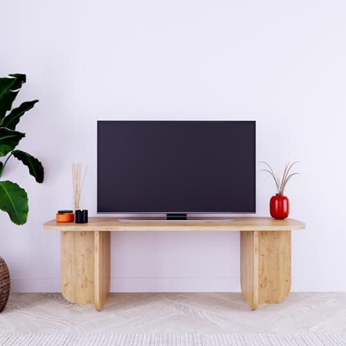 Bimossa Beca TV Stand – 100 cm Modern Compact TV Unit with Curved Edges, Open Shelf & Cabinet Storage, Ready to Assemble (Oak)
