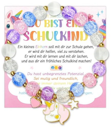 Happirra Schulkind Armband Mädchen, Einschulung Geschenk Einhorn Armband | Einschulungsgeschenk Armband mit Einhorn Designkarte, Schulanfang Geschenkbox für Mädchen und Kinder