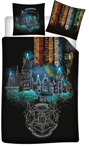 Aymax Harry Potter Hogwarts Kinder Bettwäsche Set – 140x200 cm & 63x63 cm – 2-teilig – Mikrofaser – Atmungsaktive Wende-Bettwäsche für Jungen & Mädchen