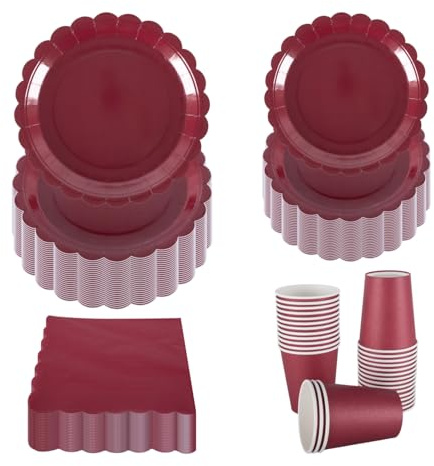 PHUNAT Deep Red Party Tableware Set for 30 Guests - 7 inch/18cm & 9 inch/23cm Paper Plates, Napkins & Cups - Party Supplies for Birthday, Wedding, Anniversary, Christmas