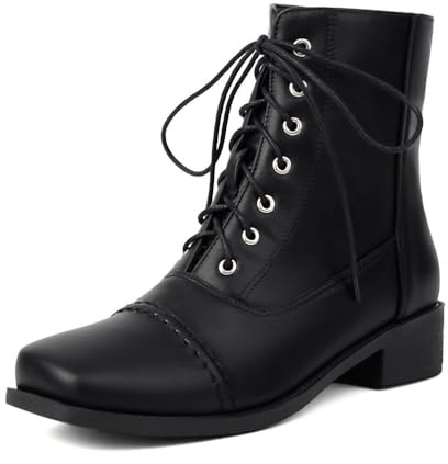 Mujer Tacón De Bloque Bajo Botas De Tobillo Cordones Botines Cortos Punta Cuadrada Cuero PU Botines De Combate Militar