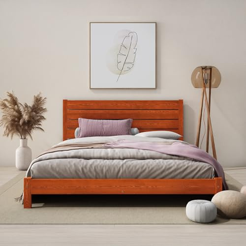 Nodax Super King Bed Frame – F15 Solid Pine Japanese-Inspired Low Wooden Bed Frame, Eco Colour Woodstain Option, Slatted Base with Extra Four Supportive Legs, Bedroom Furniture | 6ft (Brunette)
