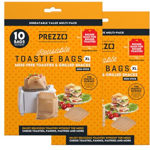 Prezzo Wiederverwendbare Toastiebeutel XL (20 Stück), über 100 Anwendungen, antihaftbeschichtet, hitzebeständig und leicht zu reinigen, perfekt für größere Toasties, Paninis und Snacks, extra groß, 17