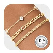 Finrezio 3 Stück Armband Damen Gold 14 Karat Vergoldet Armbänder Sterling Silber 925 Gold Figaro Armbänder Damen Mit Cubic Zirkonia Verstellbare Armband Gold Schmuck Geschenk für Damen