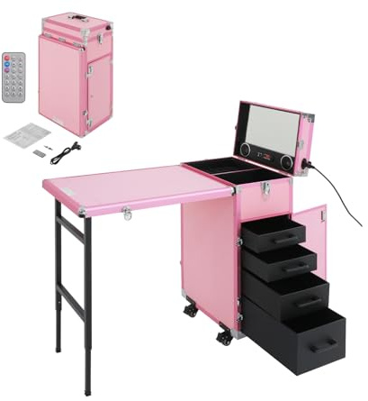 LENJKYYO Nageltisch Maniküretisch, Faltbar Mobile Rolling Maniküre Tisch mit 4 Schubladen, Fernbedienung & Bluetooth, Nageltisch mit 4 Schubladen, Kosmetiktrolley für Studio & Unterwegs (Rosa)