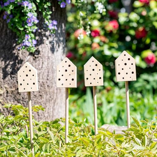 CJ Wildlife Insektenhotel – Bienenhotel Wildbienenhotel – 4 Stück auf Pfahl – Holz FSC® 100% Braun – Nistplatz für Solitärbienen