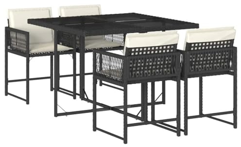 Hommdiy Garten Essgruppe,Gartenmöbel Set,Gartentisch mit 4 Stühlen Set,Essgruppe mit 4 Stühlen,Garten Sitzgruppe,Gartengarnitur Set Schwarz und Creme Glas 5-TLG.