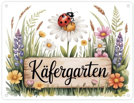 speecheese Metallschild in 15x20 cm Käfergarten Marienkäfer auf Blume | Cottage-Garten für Naturfreunde – lustiges Blechschild als Dekoration