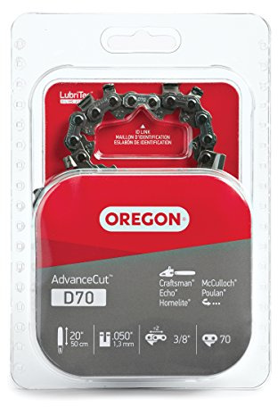 Oregon D70 AdvanceCut Chainsaw Chain for 20 Inch Bar – 70 Drive Links, Replacement Low-Kickback Chainsaw Blade, .050 Gauge, 3/8 Pitch, fits Several Poulan Pro & Echo Models (D70) Black