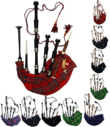 AAR Gaita Escocesa Palo de Rosa Real Stewart Tartán Acabado en Negro Con Plateado Llano Montajes Libre Tutor Book, Transporte Bolsa,Bordón, Lengüetas