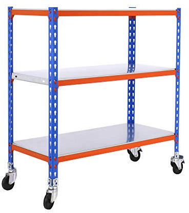 Simon Rack Simonclick Metallregal mit Rollen, 975 x 1100 x 400 mm, 3 Höhen, Metall-Tablett, 75 kg Flexpunkt, Lagerregal, Blau/Orange/Galva