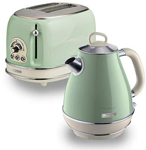 Ariete ARPK2 Retro Style Jug Kettle and 2 Slice Toaster Set, Vintage Design, Green