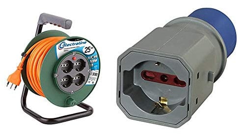 Electraline 49108 Prolunga Elettrica 25 mt con Avvolgicavo 4 Prese Polivalenti & 80863 Adattatore Spina a 3 Poli Industriale CEE Presa polivalente