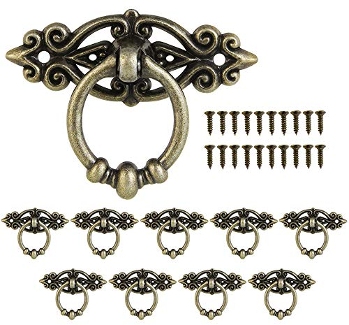 OLRWSLG 10 Pack Antique Handles Zinc Alloy Vintage Cabinet Handles Older Brass Drawer Pull Handles Cooper Ring Door Knob for Kitchen Bedroom Cupboard Cabinet Wardrobe Dresser with Screw 65 * 32mm