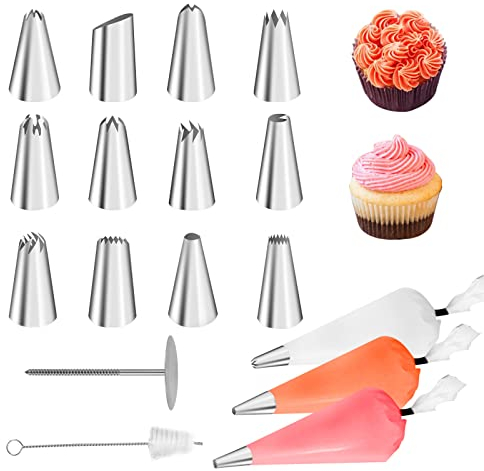 Piping Bags and Nozzles Set, 19 Pcs Cake Piping Kit,with 12 Icing Piping Tips, 1pcs Cleaning Brush,1 Flower Nail, ,3 Piping Bag and 1 Plastic Storage Box, for DIY Cupcakes Cream Cake Decorating