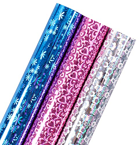 Holijolly Papier D'Emballage Holographique - Couleurs Arc-En-Ciel Rose/Bleu/Argent Avec Coeurs Pour La Saint-Valentin, Mariage, Anniversaire - 3 Rouleaux (43X305Cm Par Rouleau)