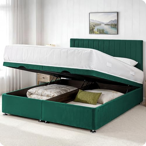 Comfy Deluxe LTD Apollo Ottoman Bed Base - 4FT6 Double, Green | Plush Velvet Divan Storage Bed Frame with 26 Inch Headboard | Gas Lift Foot-End Opening | No Mattress Included | UK Made