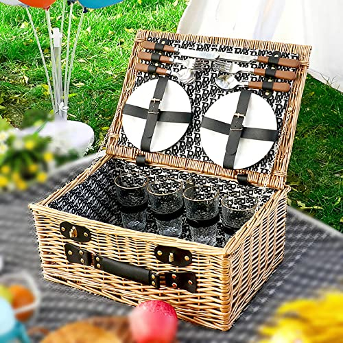 Picknickkörbe für 4 Personen – Luxus-Picknickkorb-Sets aus Weidengeflecht – Premium-Set mit Besteck, Tellern, Salz- und Pfefferstreuern, Weingläsern und Flaschenöffner für Camping