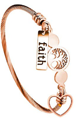 Uloveido Y1029 - Braccialetto rigido in acciaio INOX placcato oro rosa, con albero della vita, fede, senape, per donne e ragazze, 5.5 inch, Acciaio inossidabile, Nessuna pietra preziosa