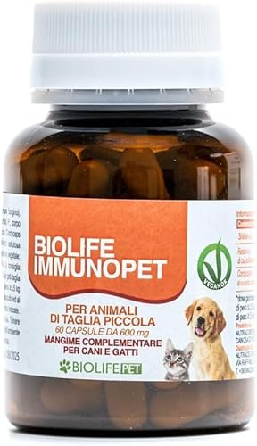 Biolife Nutraceutica Immunopet, Integratore cane e gatto,Per animali taglia piccola, Mangime complementare, Integratore sistema immunitario, Contro la Leishmania, 60 capsule