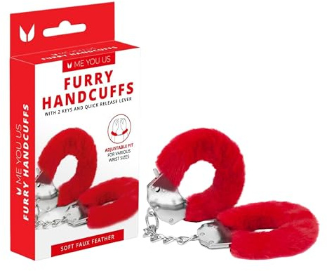 Me You Us Furry Handcuffs – Red Faux Fur Soft Metal Restraints – Adjustable BDSM Bondage Cuffs with Keys – Sensual Couples Play Accessory