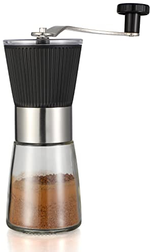 Manual Coffee Grinder with Adjustable Conical Ceramic Burr 160 ml Glass Bottle Hand Mini Mill for Espresso Bean Spices (Black)