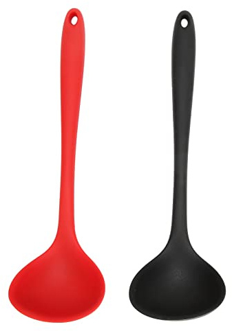 2 Stück Silikon-Suppenlöffel, multifunktional, schwarz, rot, Silikon, Schöpfkelle, Küche, Kochlöffel, Werkzeug mit rundem Loch zum Aufhängen, Kochutensilien für Zuhause