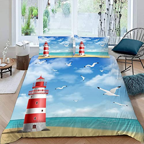 ALABOW 3D Ozean Bettwäsche Set 135x200 cm 2teilig mit Reißverschluss Weiche und Angenehme Schlafkomfort Microfaser Bettbezug Strand Leuchtturm Kinderbettwäsche mit Kissenbezug 80x80 cm