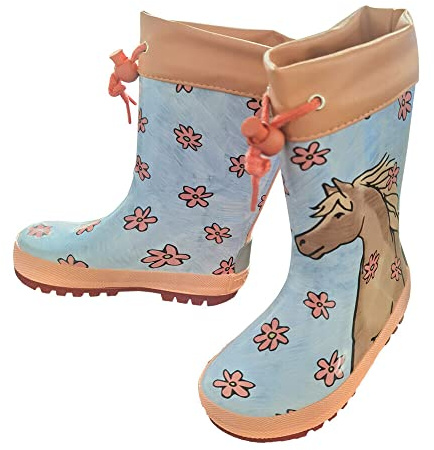 maximo Mädchen, Baby-und Kindergummistiefel, Regenstiefel, hellblau, Pferd+Blume, Jerseyfutter, Reflex 3M, Stulpe, Naturgummi (eu_footwear_size_system, toddler, women, numeric, medium, numeric_26)